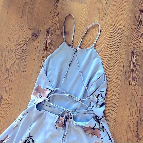 Lulu's Floral High Neck Periwinkle Lace Up Back Flowy Skater Mini Dress Large - Picture 9 of 10